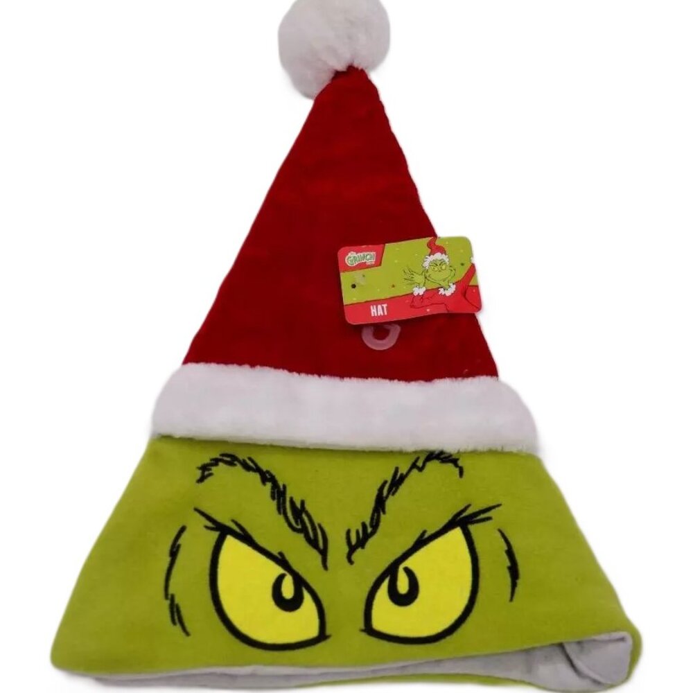 The GRINCH Dr. Seuss Red and White Santa Hat Green grinch Face Unisex One Size